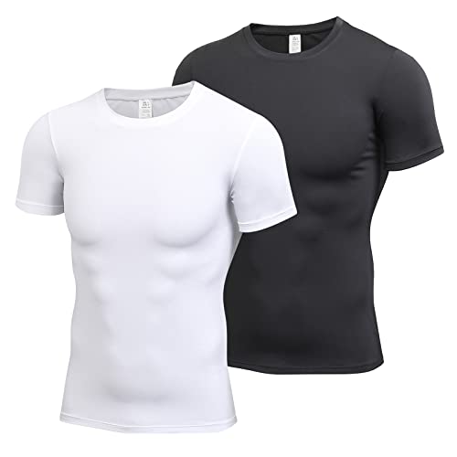 HomyComy Kompressionsshirt Herren Kurzarm Gym Shirt Funktionsshirt Muscle Bodybuilding Shirt Schwarz/Weiß L von HomyComy