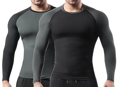 HomyComy Herren Kompressionsshirt Langarm Atmungsaktiv Laufshirt Grundschicht Bodybuilding Tops Schwarz Grau L von HomyComy