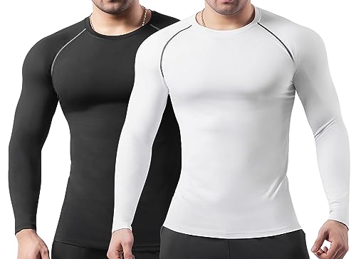 HomyComy Herren Kompressionsshirt Langarm Atmungsaktiv Laufshirt Grundschicht Bodybuilding Tops Schwarz Weiß M von HomyComy