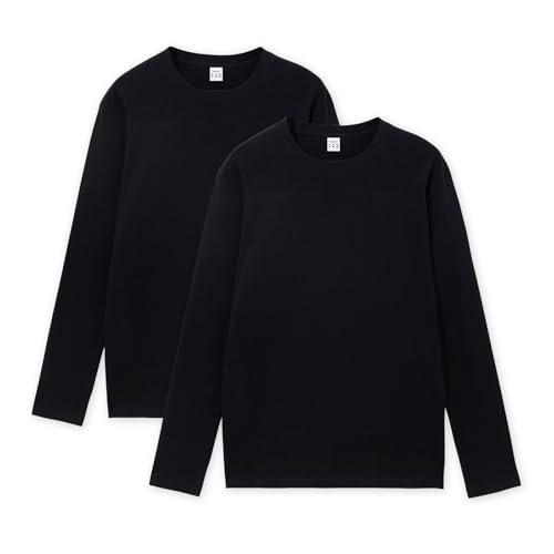 HomyComy Herren Langarmshirt mit Rundhalsausschnitt aus 100% Baumwolle Long Sleeve T-Shirts 2er Pack Schwarz XXL von HomyComy