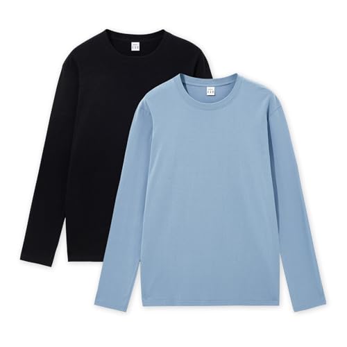 HomyComy Herren Langarmshirt mit Rundhalsausschnitt aus 100% Baumwolle Long Sleeve T-Shirts 2er Pack Schwarz/Blau XL von HomyComy