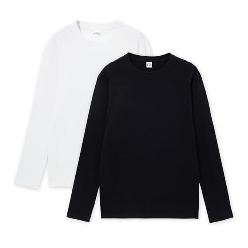 HomyComy Herren Langarmshirt mit Rundhalsausschnitt aus 100% Baumwolle Long Sleeve T-Shirts 2er Pack Weiß/Schwarz XXL von HomyComy