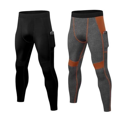 HomyComy Herren Sportleggings 2er Pack Laufhose Tight mit Taschen Lange Unterhose Quick Dry Sport Leggings Atmungsaktiv Tights für Joggen, Laufen, Training, Fitness von HomyComy