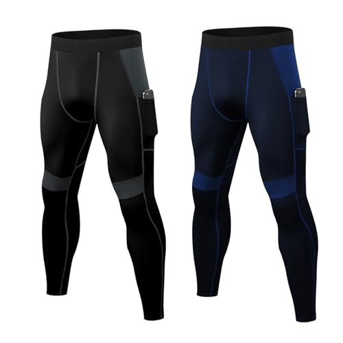 HomyComy Herren Sportleggings 2er Pack Laufhose Tight mit Taschen Lange Unterhose Quick Dry Sport Leggings Atmungsaktiv Tights für Joggen, Laufen, Training, Fitness von HomyComy