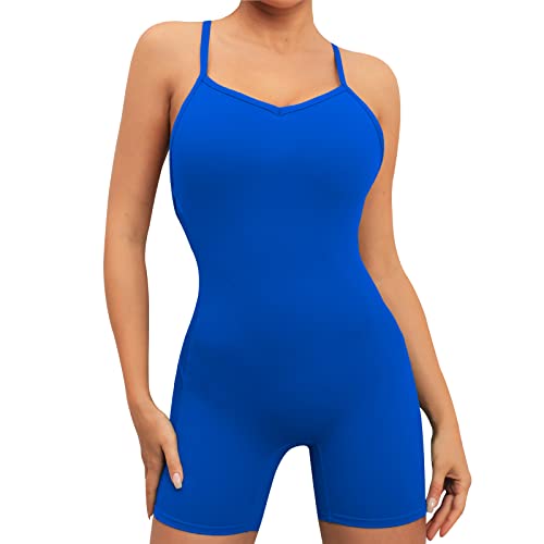 HomyComy Jumpsuit Einteiler Overall für Damen Romper Kurz Rückenfrei Ärmellos Stretch Yoga Outfits Blau M von HomyComy