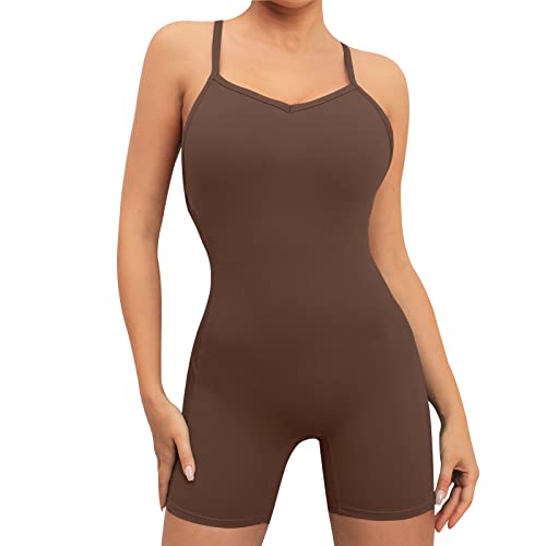 HomyComy Jumpsuit Einteiler Overall für Damen Romper Kurz Rückenfrei Ärmellos Stretch Yoga Outfits Braun M von HomyComy