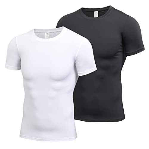 HomyComy Kompressionsshirt Herren Kurzarm Gym Shirt Funktionsshirt Muscle Bodybuilding Shirt Schwarz/Weiß M von HomyComy