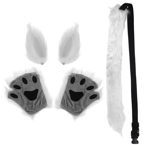 HonGien Cosplay Set, Wolf Fuchs Ohren Haarspange & Schwanz Kunstpelz Fuchs, Plüsch Kralle Handschuhe, Cosplay Kostüm Set für Halloween Weihnachtsfeier Geburtstag (Weiß) von HonGien