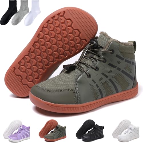 Kinder Warme Gefüttert Schneestiefel Winter Barfußschuhe Breiter Zehe Wanderschuhe Rutschfest Wasserdicht Winterstiefel (Grün, Eine Größe, Grundschulkind, 29, Numerisch, EU Schuhgrößensystem, M) von Hondeka