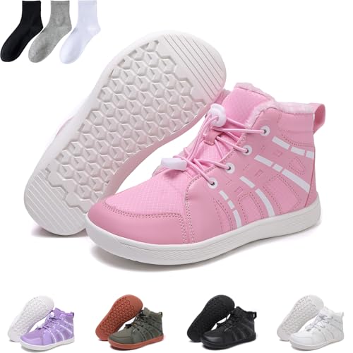Kinder Warme Gefüttert Schneestiefel Winter Barfußschuhe Breiter Zehe Wanderschuhe Rutschfest Wasserdicht Winterstiefel (Rosa, Eine Größe, Grundschulkind, 30, Numerisch, EU Schuhgrößensystem, M) von Hondeka