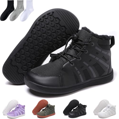 Kinder Warme Gefüttert Schneestiefel Winter Barfußschuhe Breiter Zehe Wanderschuhe Rutschfest Wasserdicht Winterstiefel (Schwarz, Eine Größe, Jugendliche, 37, Numerisch, EU Schuhgrößensystem, M) von Hondeka