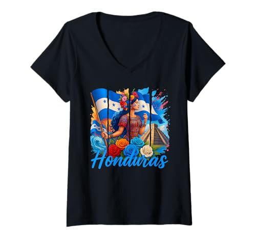 Damen Honduranische Flagge Copan Honduras Reise Familie Urlaub Männer Frauen T-Shirt mit V-Ausschnitt Damen Honduranische Flagge Copan Honduras Reise Familie Urlaub Männer Frauen T-Shirt mit V-Ausschnitt von Honduras Independence Day Apparel Men Women Kids