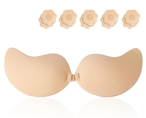 Klebe BH, Trägerloser Bh Push Up, Unsichtbarer bh Rückenfrei, Selbstklebender bh für Rückenfreies Abendkleider, Keid, brautkleider, Ballkleider (DE/NL/SE/PL, Körbchengröße & Bandgröße, C, Beige) von HonexCesng
