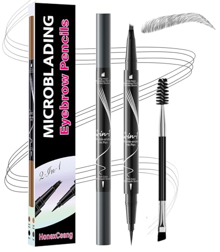 Microblading Augenbrauenstift, Eyebrow Pencil 2-in-1 Wasserfest Wischfest, Augenbraunstift 3D mit 4 Gabelspitzen & Präziser Brow Pencil, Erzeugt Mühelos Natürliche Augenbrauen (Grau) von HonexCesng
