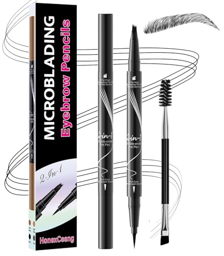 Microblading Augenbrauenstift, Eyebrow Pencil 2-in-1 Wasserfest Wischfest, Augenbraunstift 3D mit 4 Gabelspitzen & Präziser Brow Pencil, Erzeugt Mühelos Natürliche Augenbrauen (Schwarz) von HonexCesng