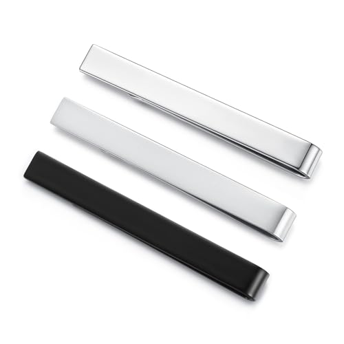 HONEY BEAR 3 Stück 5.4cm Herren Krawattennadel Set Krawattenklammer für Normale Krawatte Tie Clip (Glänzend+Gebürstetes Silber+Schwarz mit Box) von HONEY BEAR