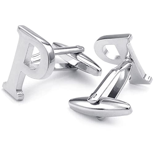 HONEY BEAR 1 Paar Herren Edelstahl Manschettenknöpfe Hochzeit Cufflinks Manschettenknopf Silber Buchstabe (P) von HONEY BEAR