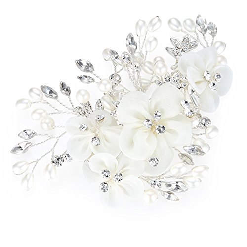 HONEY BEAR Damen Brautschmuck Blume Haarkämme Haar Klammern für Hochzeit, Kristall Strass mit Simulierte Perlen Haarschmuck,MEHRWEG (weiß) von HONEY BEAR