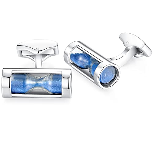 HONEY BEAR Herren Timer Gläser Trichter Sanduhr Manschettenknöpfe Cufflinks Edelstahl Manschettenknopf, Silber (Blau) von HONEY BEAR