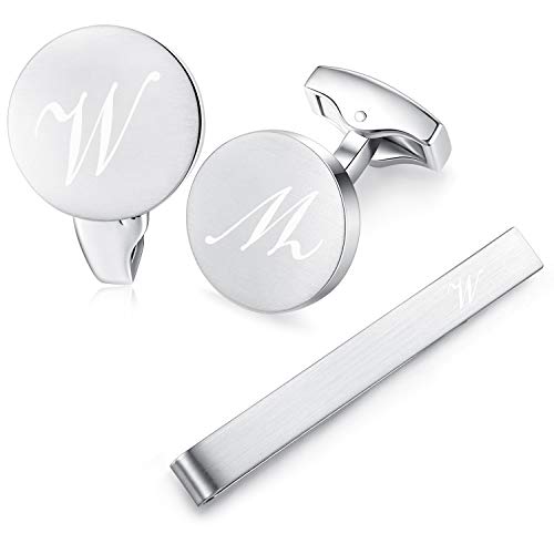 HONEY BEAR manschettenknöpfe & krawattennadel Set Initialen Buchstabe Herren Edelstahl Hochzeit Cufflinks Manschettenknopf Silber (W) von HONEY BEAR