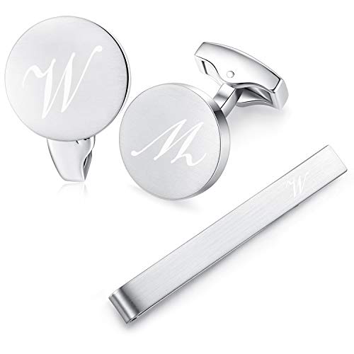 HONEY BEAR Manschettenknöpfe Krawattennadel Set Initialen Buchstabe Herren Edelstahl Hochzeit Cufflinks Manschettenknopf Silber (W Set) von HONEY BEAR