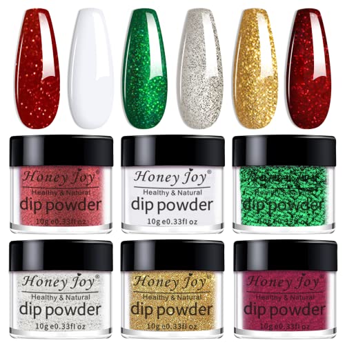 Dip Powder Color Set, 6 Colors Christmas Dark Wine Red White Green Golden Silver Glitter Fine Dipping Powder Colors No Need Lamp Cure,Like Gel Polish Effect,Even & Smooth Finishing (DP-Q-6pcs-10g/box) von Honey Joy