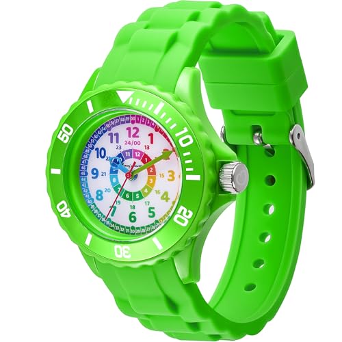 Honey's Heaven Kinder Armbanduhr Jungen und Mädchen - süße Quarzuhr mit modischem Silikon-Armband und Lern-Ziffernblatt - Lernuhr analog, einfach zu lesen, zum Uhrzeit Lernen (grün) von Honey's Heaven
