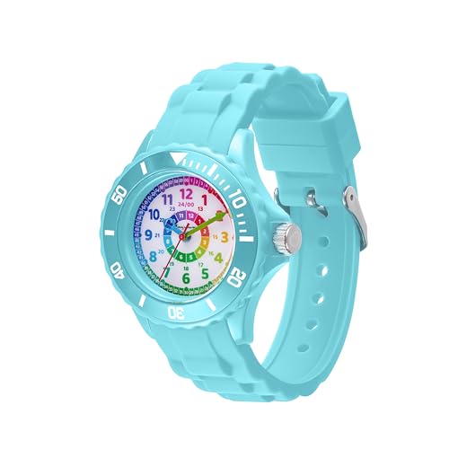 Honey's Heaven Kinder Armbanduhr Jungen und Mädchen - süße Quarzuhr mit modischem Silikon-Armband und Lern-Ziffernblatt - Lernuhr analog, einfach zu lesen, zum Uhrzeit Lernen (hellblau) von Honey's Heaven