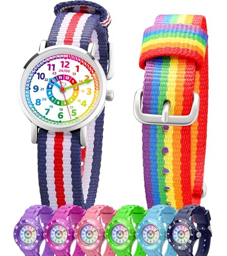 Honey's Heaven Kinder Armbanduhr Jungen und Mädchen - süße Quarzuhr mit modischem Nylon Armband und Lern-Ziffernblatt - Lernuhr analog, zum Uhrzeit Lernen (Regenbogen) von Honey's Heaven