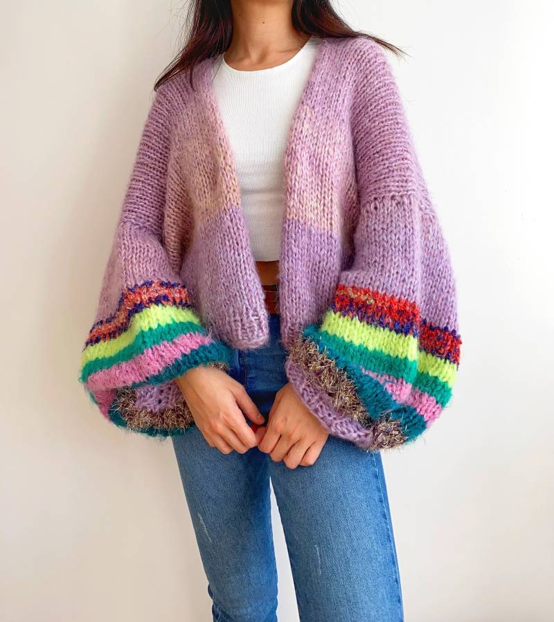 Handgestrickte Mohair-Woll-strickjacke, Weicher Frauen-Crop-Top-Pullover, Handgefertigte Ballon-Ärmelwärmer-strickjacke, Geschenkset Für Sie von HoneyArtandNature