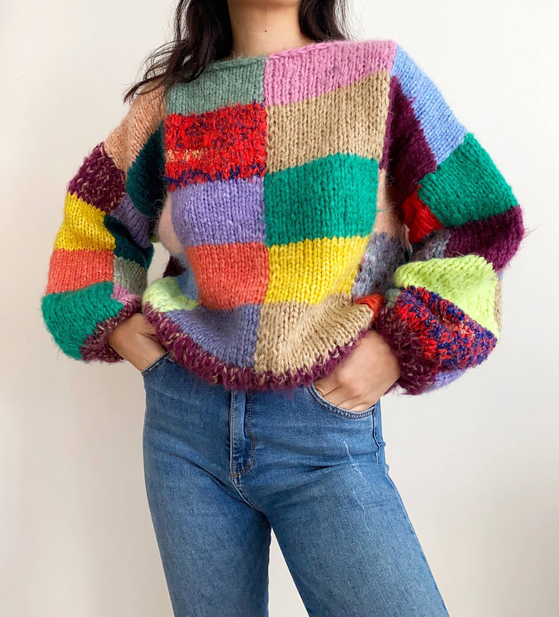 Patchwork Mohair Wollpullover, Handgestrickt, Bunte Karierte Damen Pullover, Ballon Ärmelwärmer Strickpullover, Valentinstag Geschenk Kit Für Sie von HoneyArtandNature