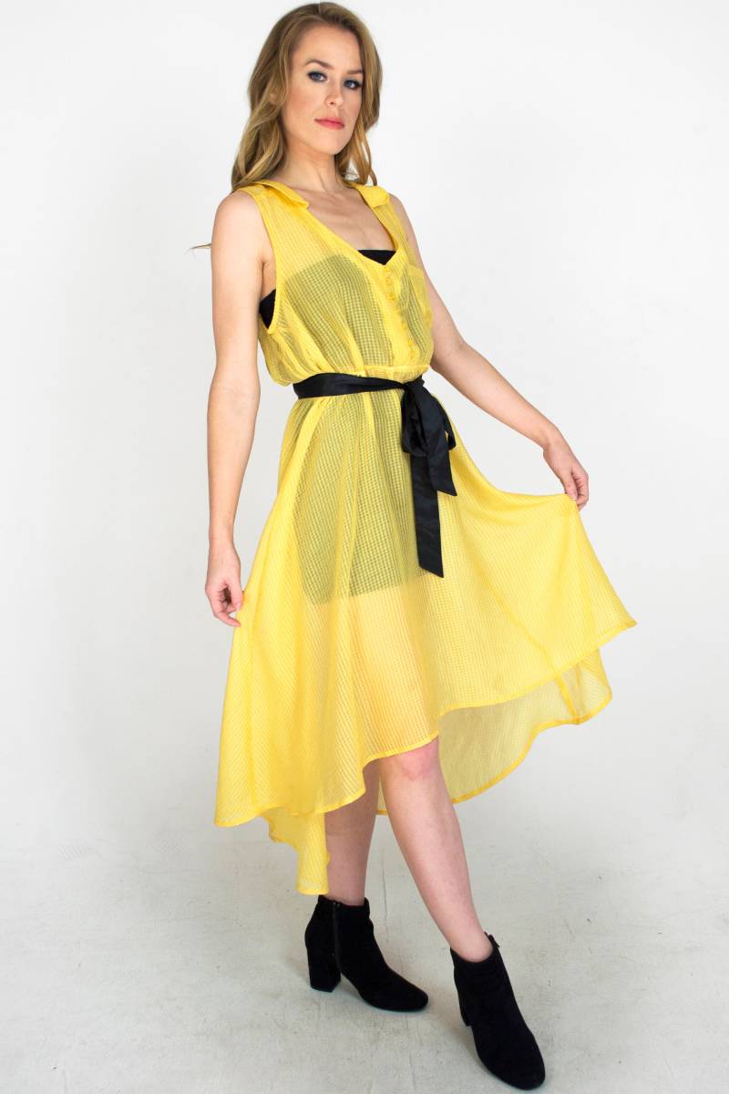 Vintage High Low Sundress Ärmelloses V-Ausschnitt Kleid Kragen Tasche Gelb Licht Frühling Sommer 1980Er Jahre Retro Frauen Casual Größe Klein/Medium von HoneyBottleVintage