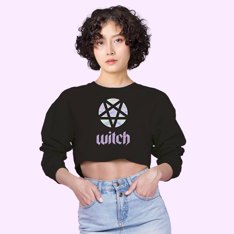 Cropped Witch Pentagram Holographic Print Sweatshirt, Goth Apparel von HoneyDazedShop