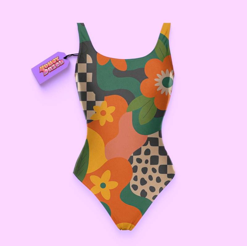 Retro Checkerboard Psychedelic Badeanzug Für Frauen High Cut 70Er Jahre Hippie Und Funky Urlaubsstil von HoneyDazedShop