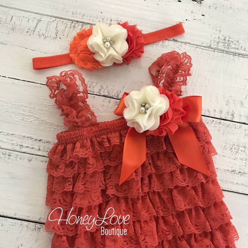 Herbst Outfit - Orange Spitze Petti Romper & Passendes Stirnband Strass Perle, Neugeborene, Säuglinge, Kleinkind, Baby Mädchen, Pumpkin Patch von HoneyLoveBoutique
