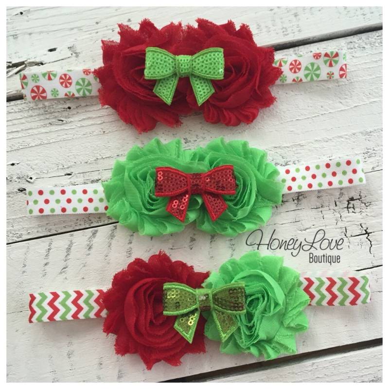 Mehr Auswahl Weihnachten Haarband - Shabby Blume Pailletten Schleife Chevron, Polka Dot, Zuckerstange Kleine Mädchen Neugeborene Säugling von HoneyLoveBoutique