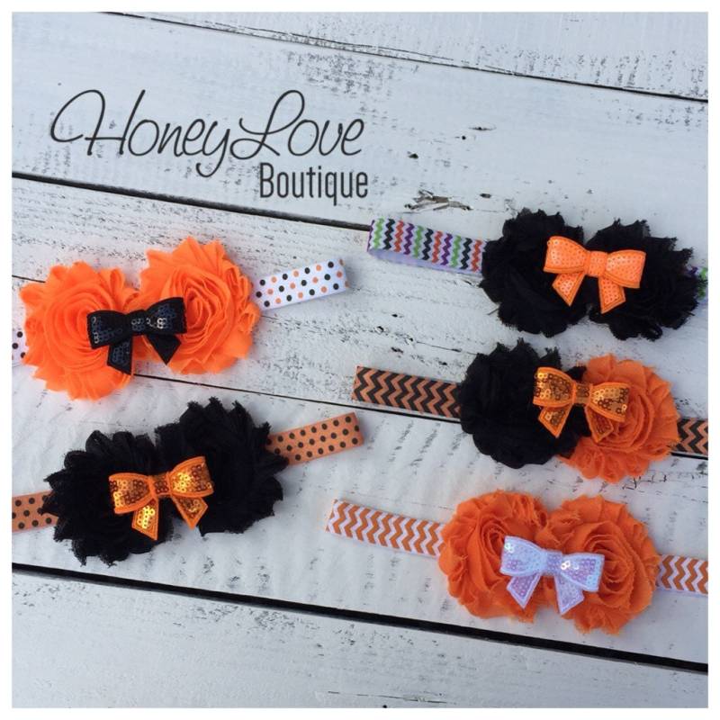 Mehr Auswahl Halloween Haarband - Shabby Blume Pailletten Schleife Chevron, Polka Dot Elastic Kleine Mädchen, Neugeborene, Säuglinge, Kleinkinder von HoneyLoveBoutique