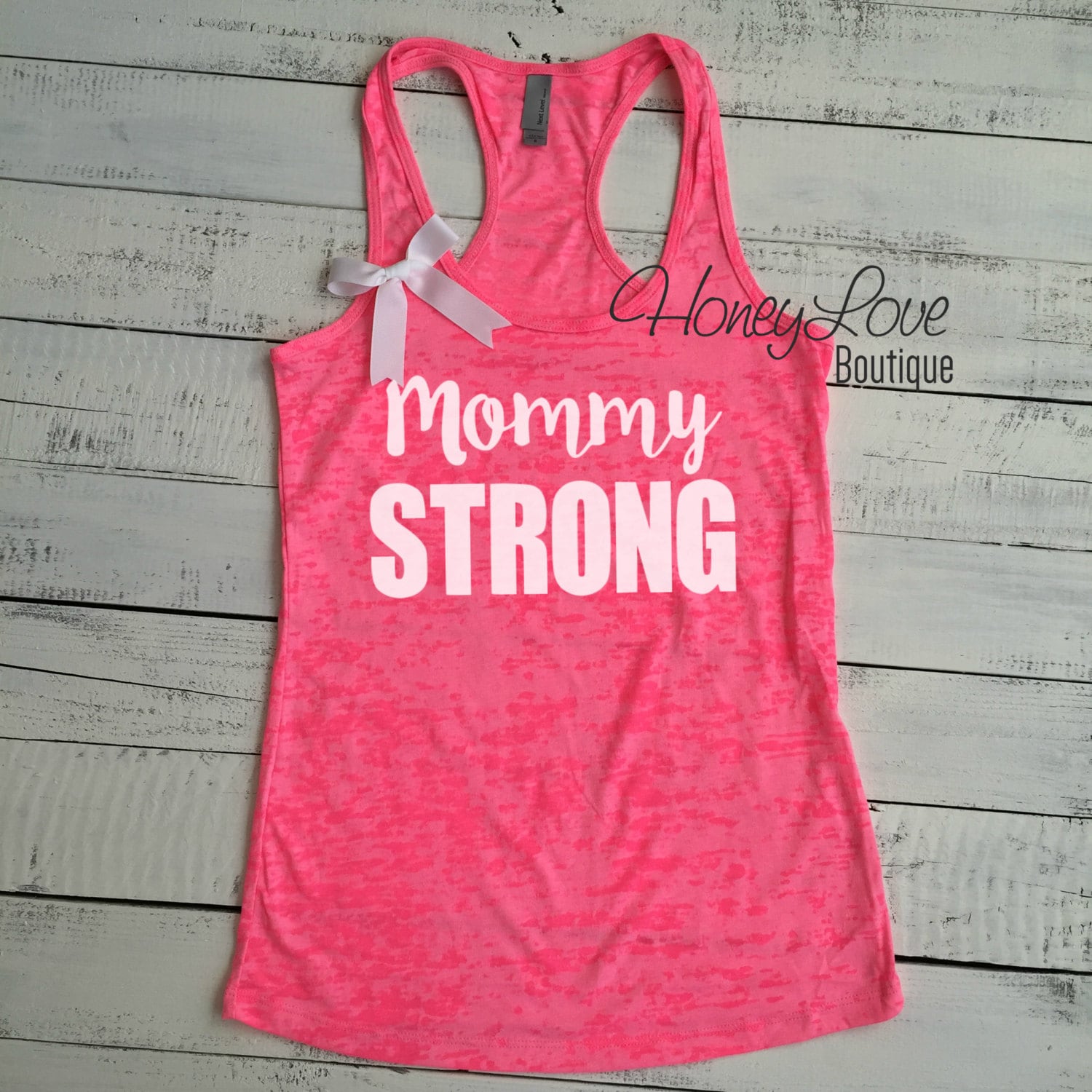 Mommy Strong - Schleifenfarbe Aussuchen Gym Workout Tank, Mama Work Out Shirt, Burnout Racer Back, Racerback Tank Damen S-2xl von HoneyLoveBoutique