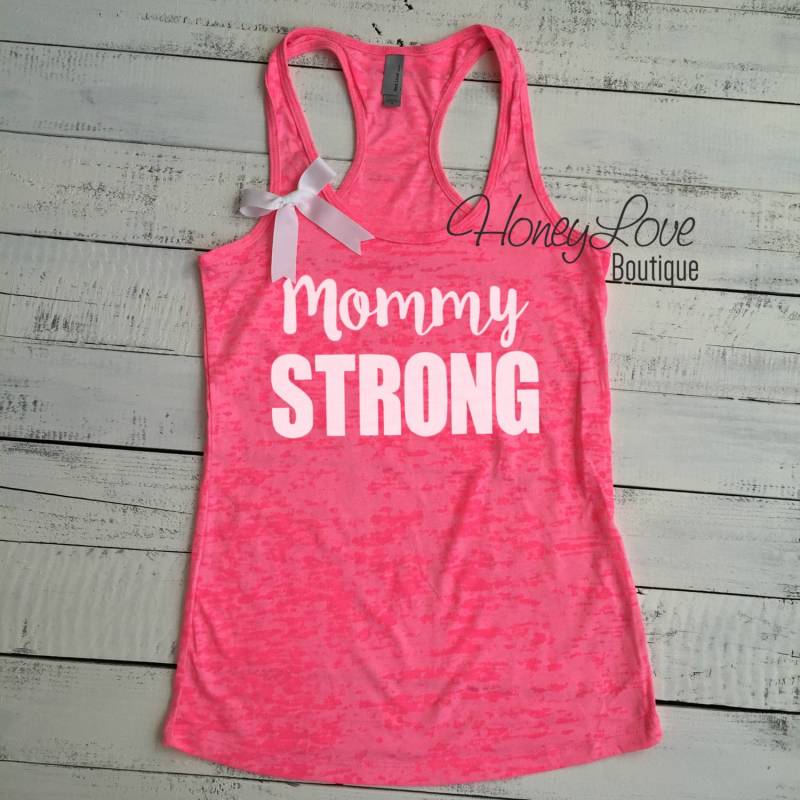 Mommy Strong - Schleifenfarbe Aussuchen Gym Workout Tank, Mama Work Out Shirt, Burnout Racer Back, Racerback Tank Damen S-2xl von HoneyLoveBoutique