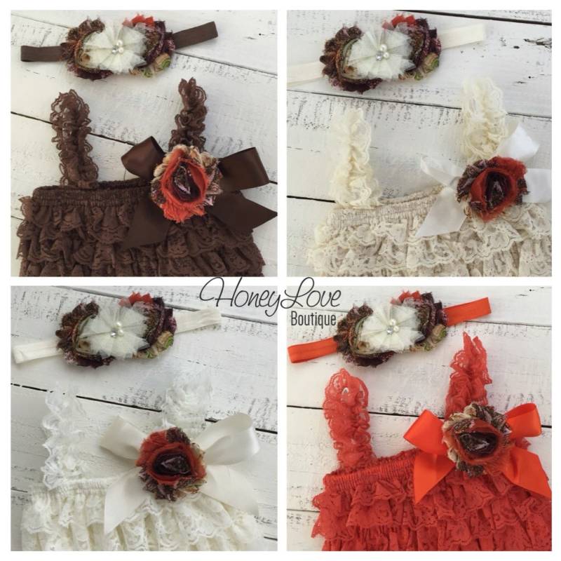 Outfit Herbst - Spitze Petti Romper Orange Elfenbein Braun Champagner Passendes Stirnband Strass Perle Neugeborene, Säugling, Kleinkind, Baby Mädchen von HoneyLoveBoutique