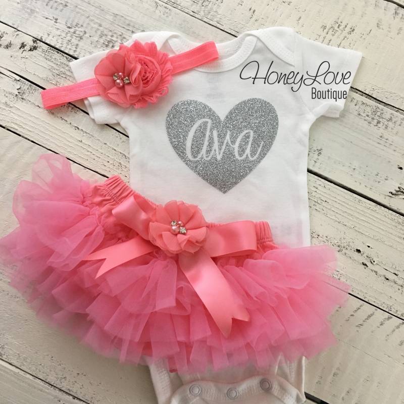 Personalisiert Silber Gold Glitzer, Koralle Rosa Strass Perle Blume Tutu Rock Bloomers Neugeborenen Kleinkind Baby Mädchen Zu Hause Outfit von HoneyLoveBoutique