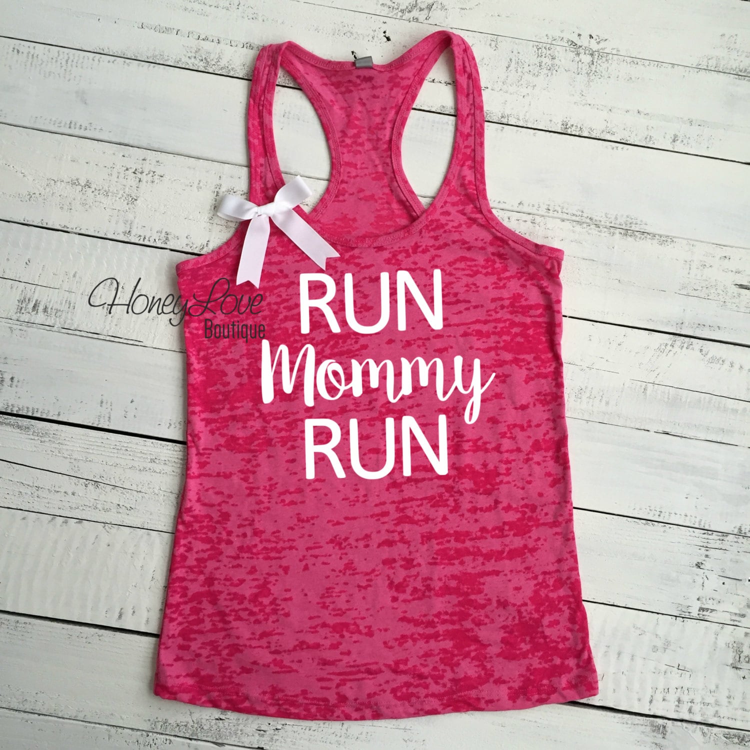 Run Mommy Run - Schleifenfarbe Wählen Gym Workout Tank, Mama Work Out Shirt, Burnout Racer Back, Hot Pink Racerback Tank Damen S-2xl von HoneyLoveBoutique