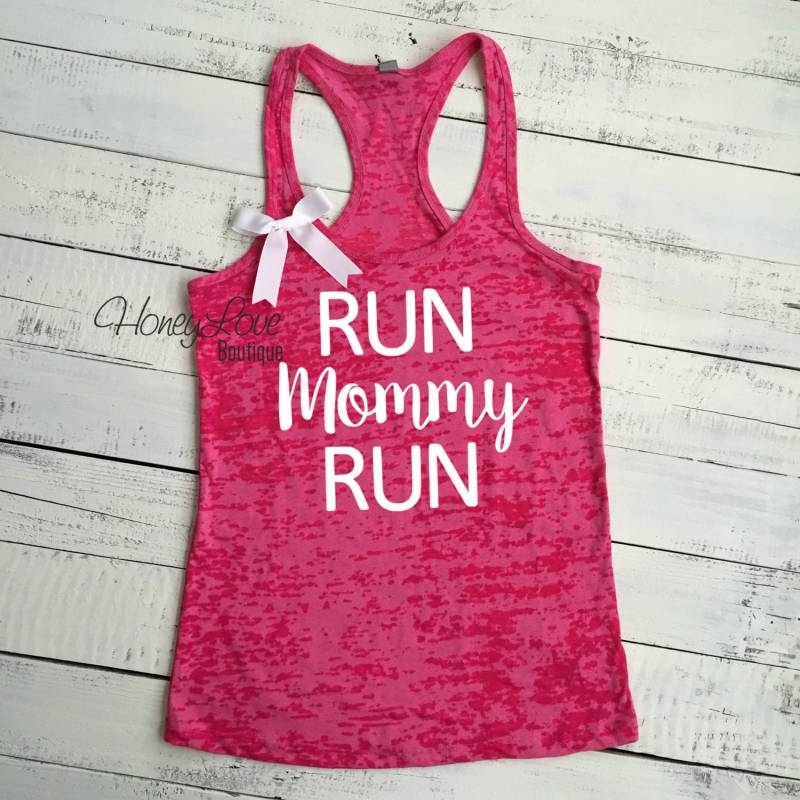 Run Mommy Run - Schleifenfarbe Wählen Gym Workout Tank, Mama Work Out Shirt, Burnout Racer Back, Hot Pink Racerback Tank Damen S-2xl von HoneyLoveBoutique