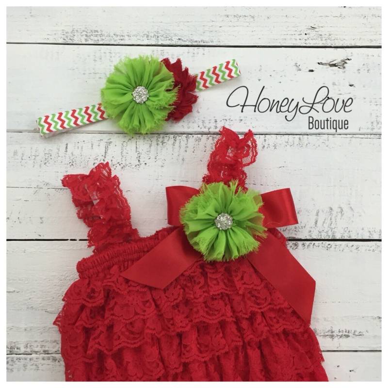 Weihnachten Roter Spitze Petti Romper Und Passendes Strass Lime Grün Blumen Stirnband - 2 3 4 T Kleinkind Baby Mädchen Santa Foto Outfit von HoneyLoveBoutique