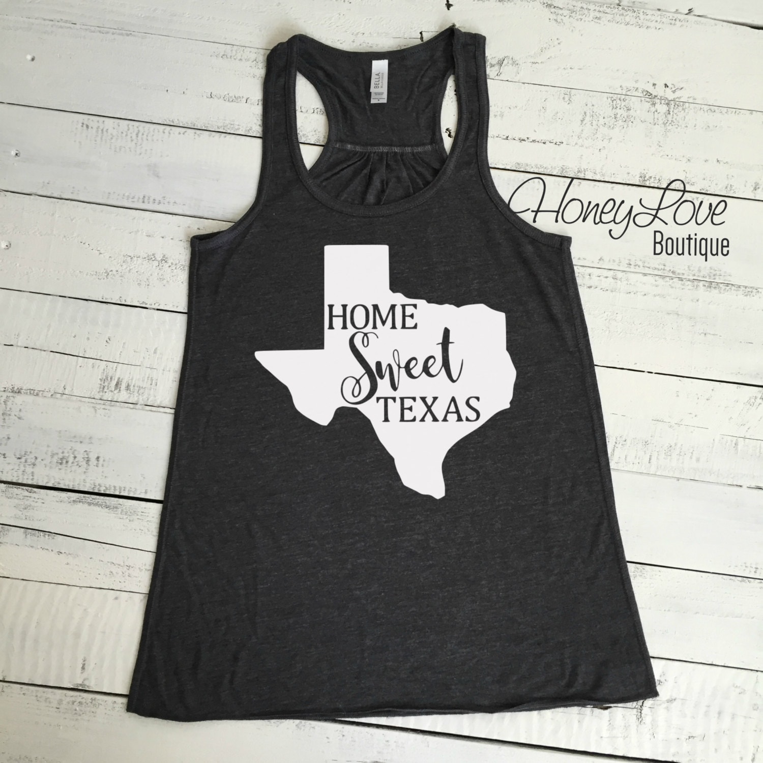 Zuhause Süße Texas Tank, Flowy Tank, Schwarz Oder Grau Meliert, Entspannt Fit, Stolz, Staat Stolz Shirt, Hause Süß Nach Hause, Damen S-2xl von HoneyLoveBoutique