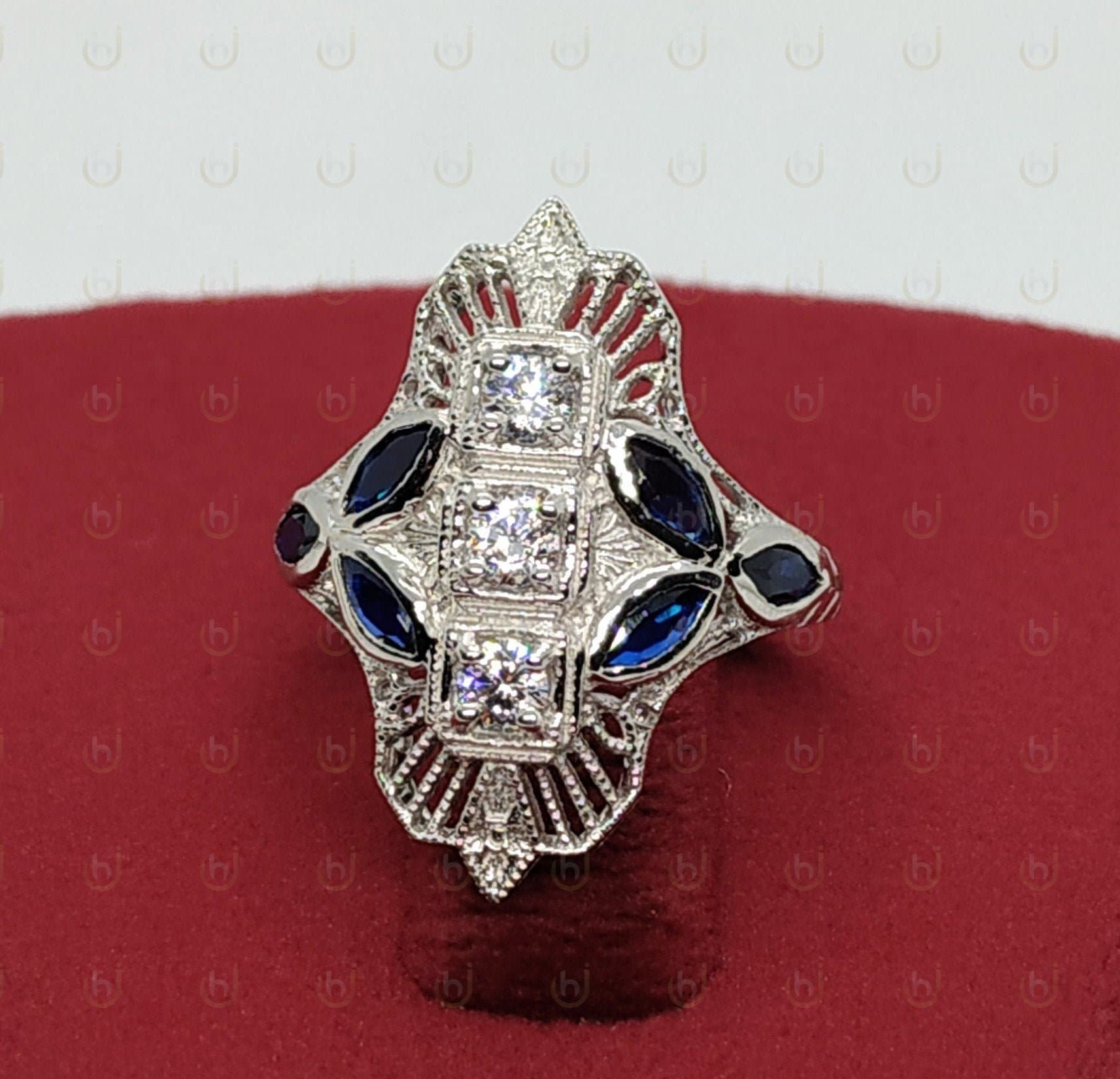 2, 59 Cts Runder Diamant & Saphir Art Deco Stil Ehering - 3 Steine Ring Antiker Verlobungsring Lünette Für Frauen von Honeyhjewelry