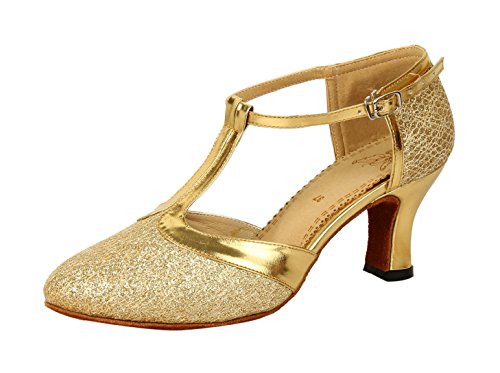 Honeystore Damen's Geschlossene Zehe T-Riemen Glitter Tanzschuhe Gold 5.5 UK von Honeystore