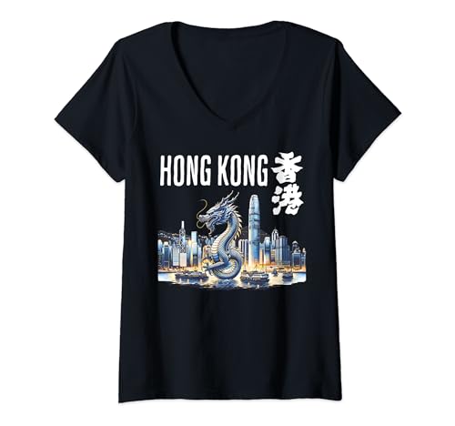 Damen Hong Kong Travel City View Chinesisches Neujahr des Drachen T-Shirt mit V-Ausschnitt Damen Hong Kong Travel City View Chinesisches Neujahr des Drachen T-Shirt mit V-Ausschnitt von Hong Kong Travel City View Chinese New Year Dragon