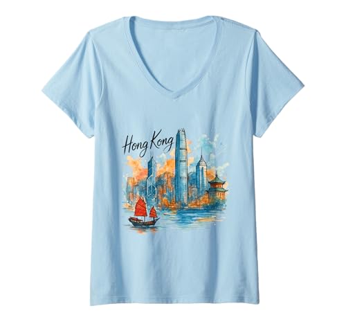 Damen Klassische Alltagsreisen nach Hongkong T-Shirt mit V-Ausschnitt Damen Klassische Alltagsreisen nach Hongkong T-Shirt mit V-Ausschnitt von Hong Kong Travel Gifts