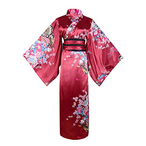 HongH Damen Blumendruck Traditionelle Japanische Kimono Goldfisch OBI Gürtel Blüte Yukata Robe Kostüm Set, Langer Kimono Weinrot, Large von HongH